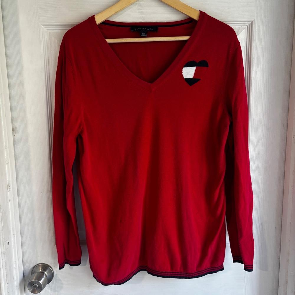 Tommy Hilfiger Red V Neck Heart Logo Long Sleeve Sweater‎ Women's L G